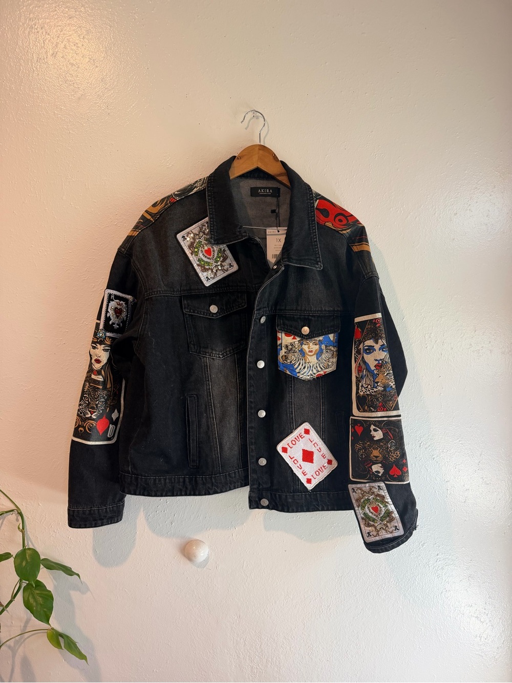 Akira Black Denim Jacket with Playing Card Patchwork 1x NWT